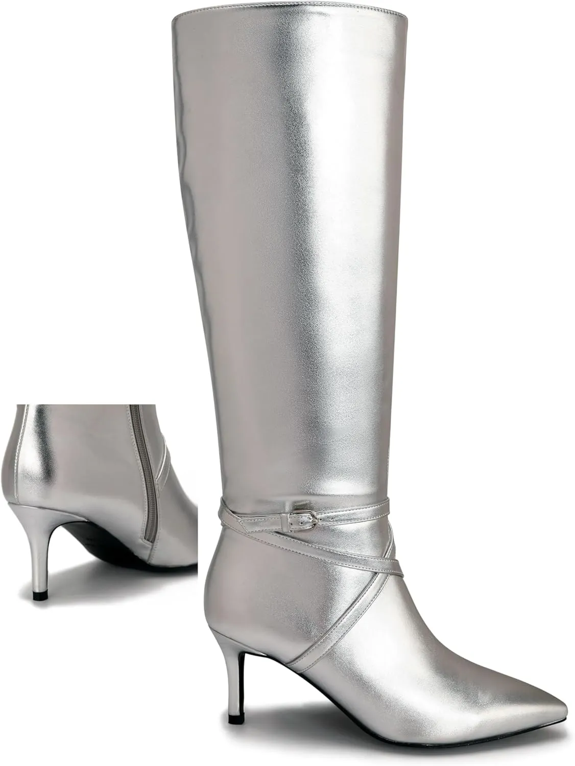 Knee High Boots for Women Strappy legs Stiletto Heel Pointed Toe Side Zipper Soft PU Leather Sexy Dress Long Boots