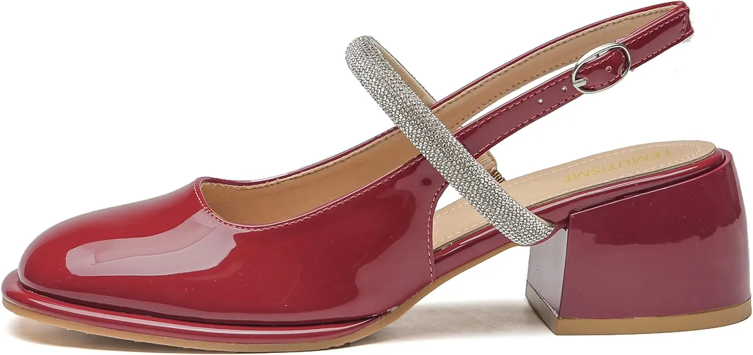 LEMUTISME Women's Elegant Square Toe Chunky Slingback Mary Jane Rhinestones Ankle Strap with Buckle Mid Block Heel Dress Pumps for Wedding Prom