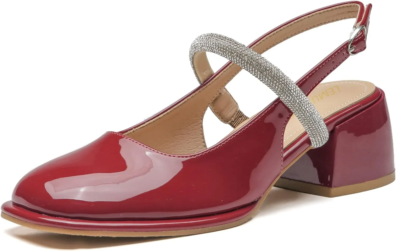 LEMUTISME Women's Elegant Square Toe Chunky Slingback Mary Jane Rhinestones Ankle Strap with Buckle Mid Block Heel Dress Pumps for Wedding Prom