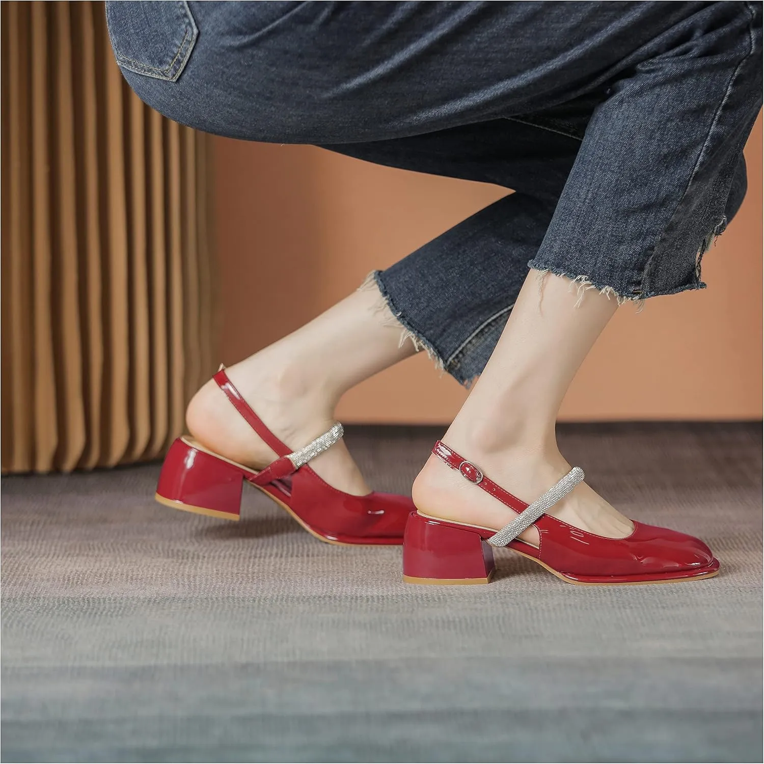 LEMUTISME Women's Elegant Square Toe Chunky Slingback Mary Jane Rhinestones Ankle Strap with Buckle Mid Block Heel Dress Pumps for Wedding Prom