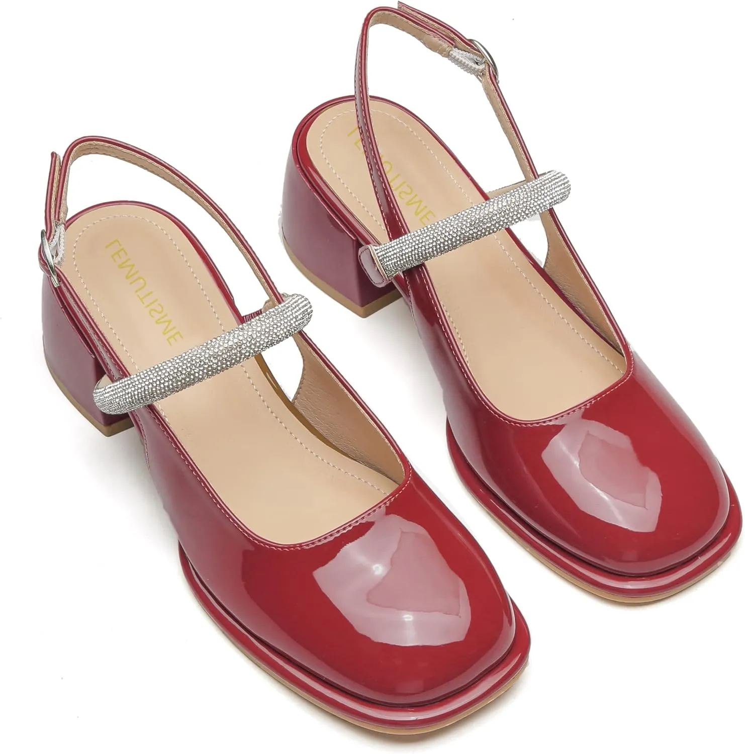 LEMUTISME Women's Elegant Square Toe Chunky Slingback Mary Jane Rhinestones Ankle Strap with Buckle Mid Block Heel Dress Pumps for Wedding Prom