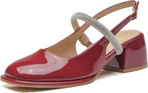 LEMUTISME Women's Elegant Square Toe Chunky Slingback Mary Jane Rhinestones Ankle Strap with Buckle Mid Block Heel Dress Pumps for Wedding Prom