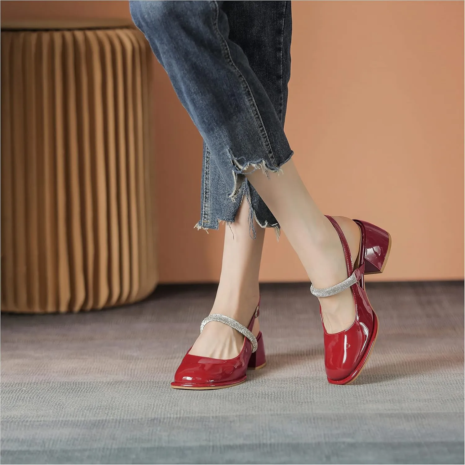 LEMUTISME Women's Elegant Square Toe Chunky Slingback Mary Jane Rhinestones Ankle Strap with Buckle Mid Block Heel Dress Pumps for Wedding Prom