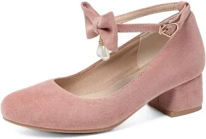 MIOKE Women's Chunky Mid Heel Dress Pumps Square Toe Buckle Suede Slip-On Comfort Casual Office Work Shoes