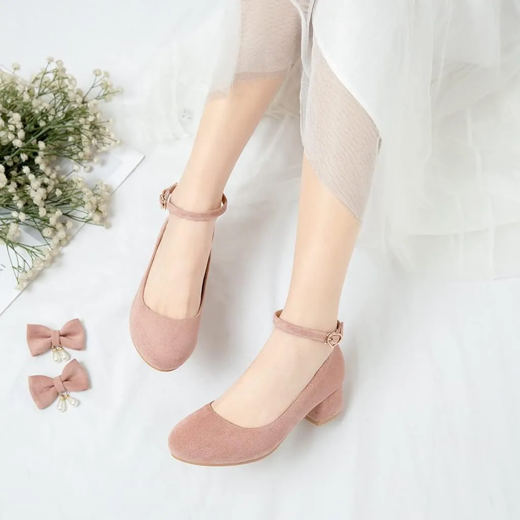 MIOKE Women's Chunky Mid Heel Dress Pumps Square Toe Buckle Suede Slip-On Comfort Casual Office Work Shoes