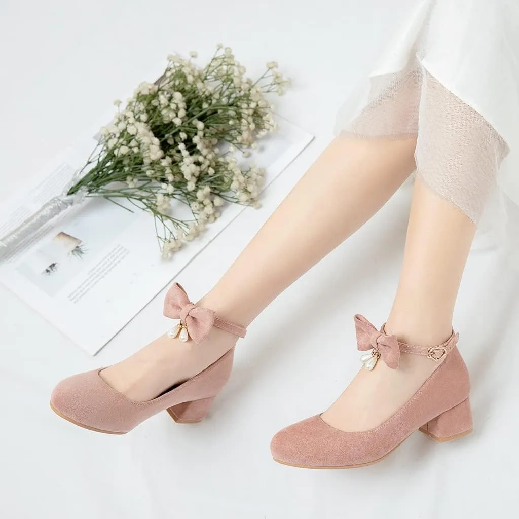 MIOKE Women's Chunky Mid Heel Dress Pumps Square Toe Buckle Suede Slip-On Comfort Casual Office Work Shoes