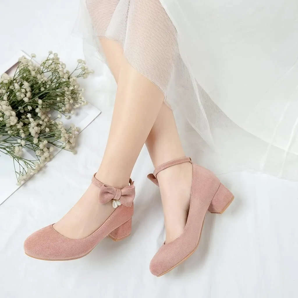 MIOKE Women's Chunky Mid Heel Dress Pumps Square Toe Buckle Suede Slip-On Comfort Casual Office Work Shoes
