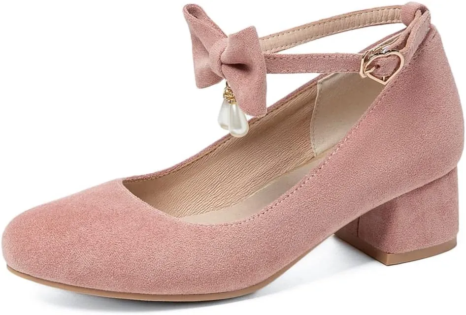 MIOKE Women's Chunky Mid Heel Dress Pumps Square Toe Buckle Suede Slip-On Comfort Casual Office Work Shoes