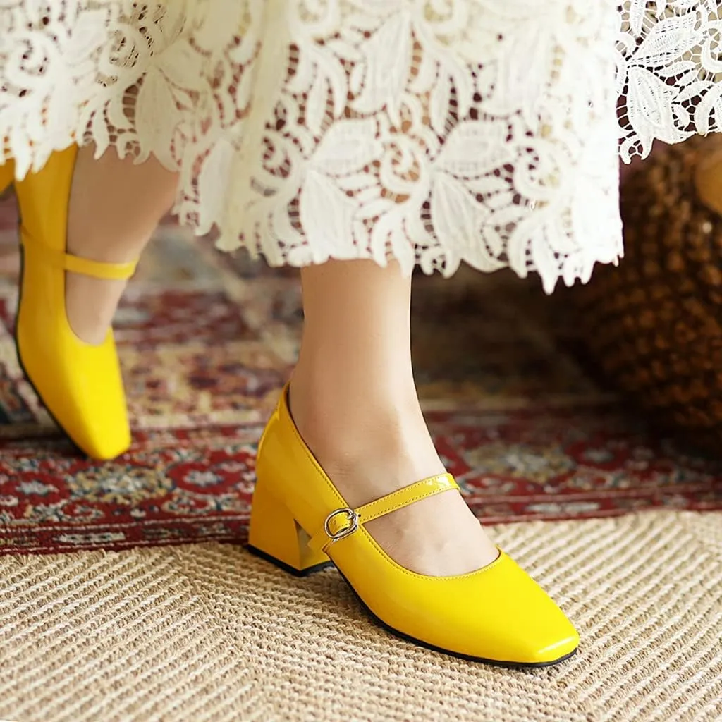 MIOKE Women's Chunky Mid Heel Dress Pumps Suede Square Toe Buckle Slip-On Comfort Casual Work Office Shoes