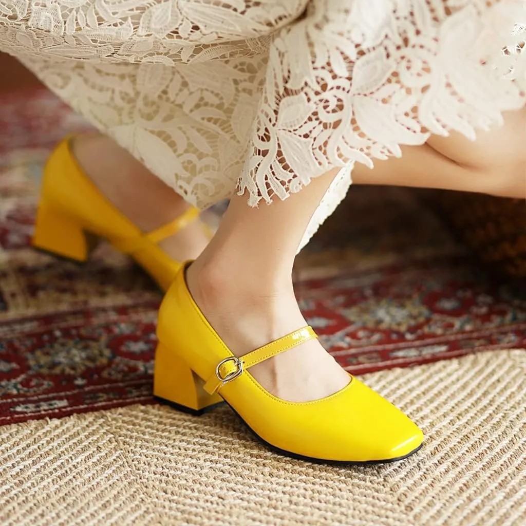 MIOKE Women's Chunky Mid Heel Dress Pumps Suede Square Toe Buckle Slip-On Comfort Casual Work Office Shoes