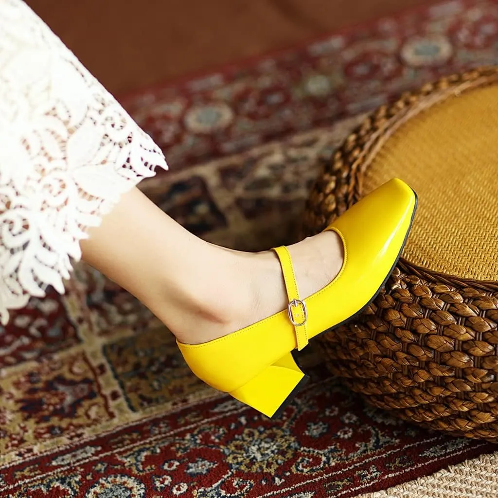MIOKE Women's Chunky Mid Heel Dress Pumps Suede Square Toe Buckle Slip-On Comfort Casual Work Office Shoes