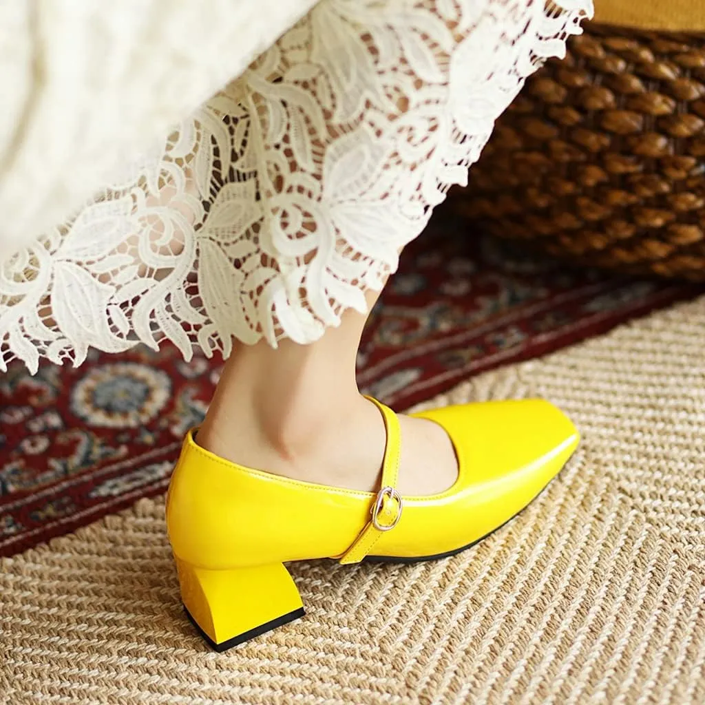 MIOKE Women's Chunky Mid Heel Dress Pumps Suede Square Toe Buckle Slip-On Comfort Casual Work Office Shoes
