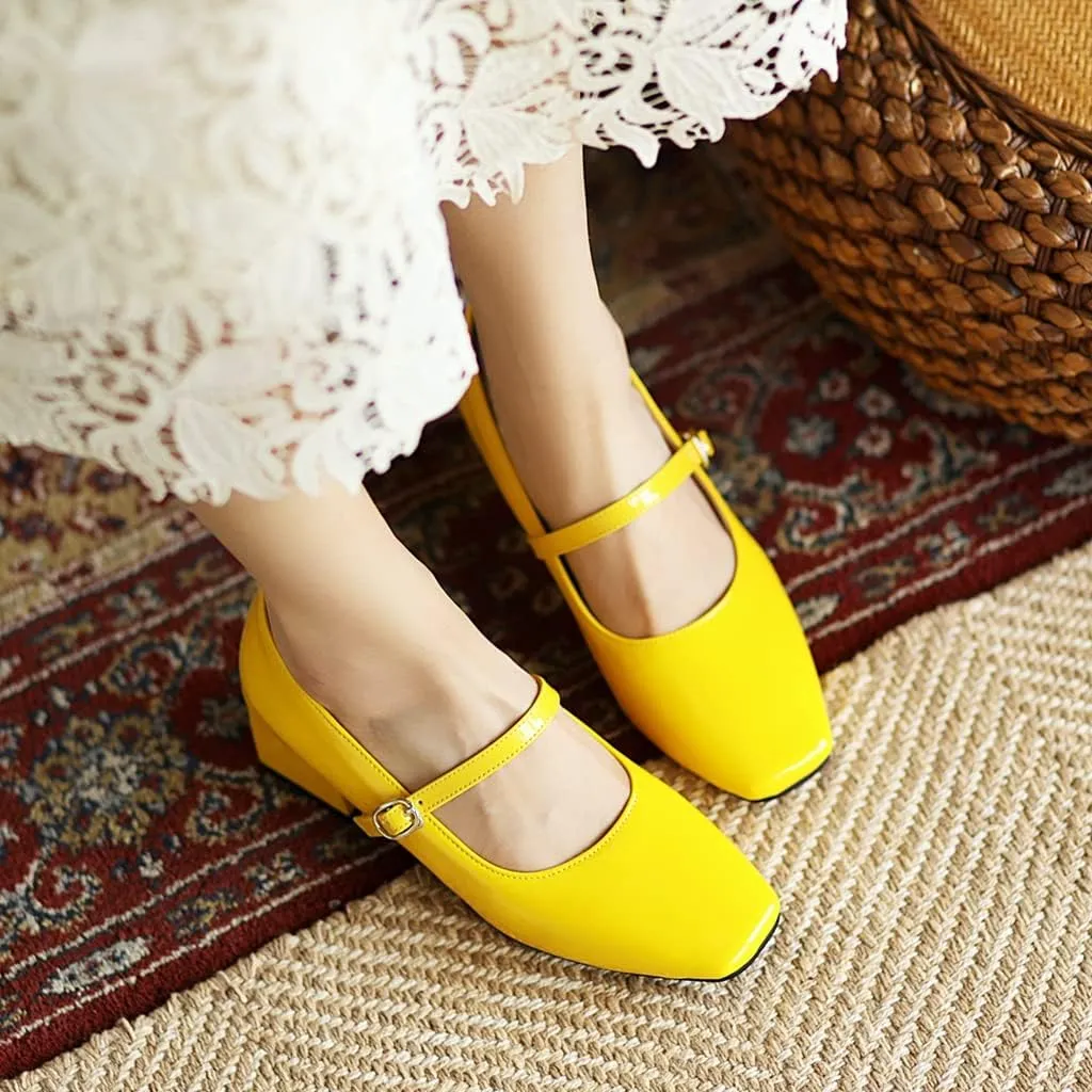 MIOKE Women's Chunky Mid Heel Dress Pumps Suede Square Toe Buckle Slip-On Comfort Casual Work Office Shoes