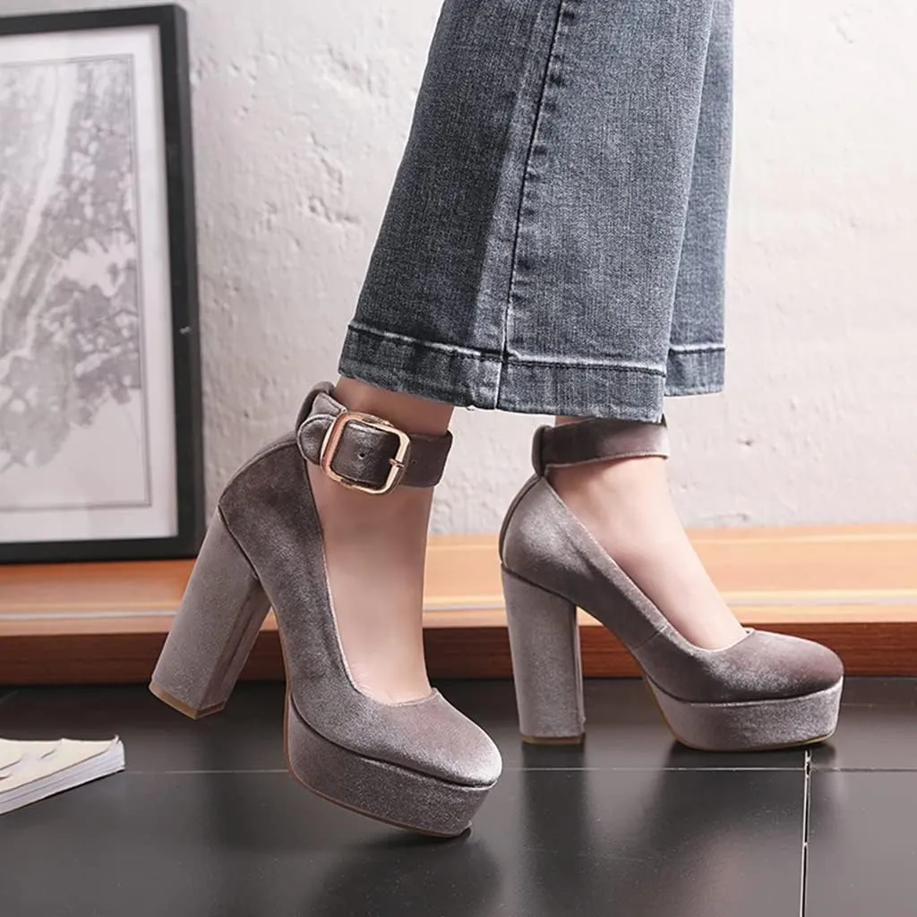 MIOKE Women's Platform Chunky High Block Heel Pumps Round Toe Comfort Buckle Strap Mary Jane Dress Shoes