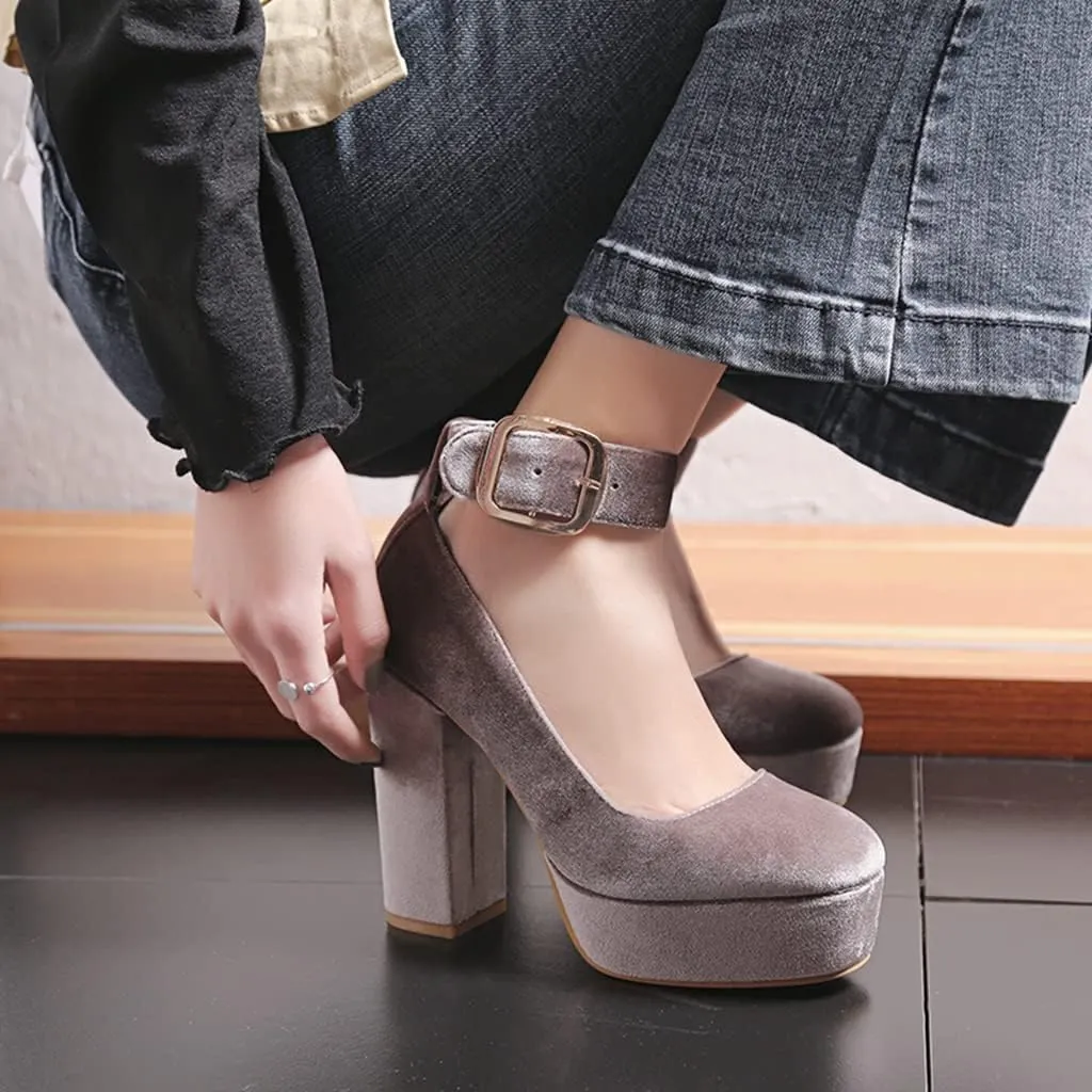 MIOKE Women's Platform Chunky High Block Heel Pumps Round Toe Comfort Buckle Strap Mary Jane Dress Shoes