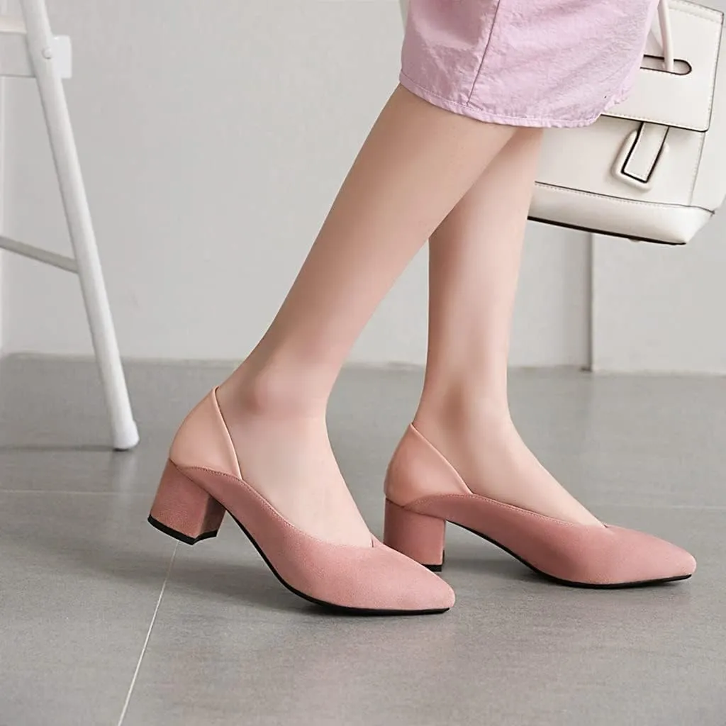 MIOKE Women's Square Toe Buckle Chunky Mid Heel Pumps Suede Slip-On Comfort Casual Office Work Dress Shoes