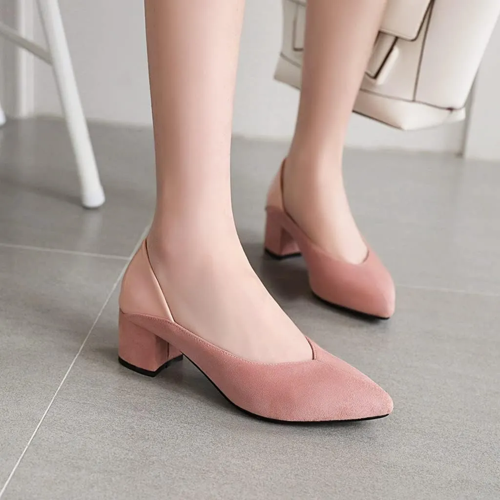 MIOKE Women's Square Toe Buckle Chunky Mid Heel Pumps Suede Slip-On Comfort Casual Office Work Dress Shoes