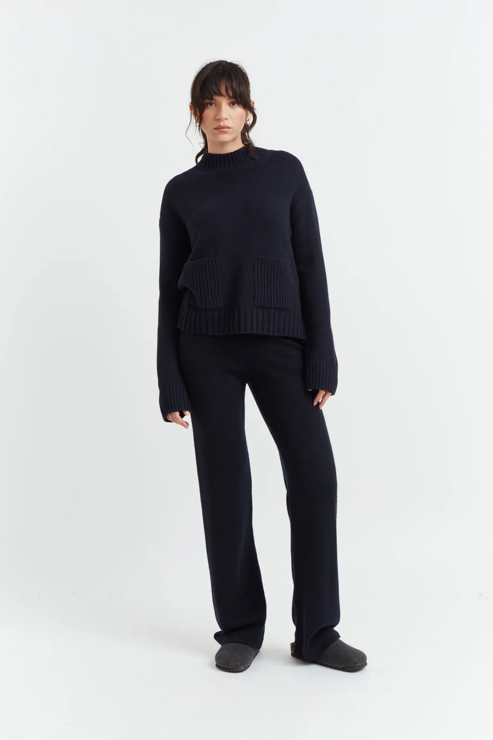 Navy Pure Cashmere Wide-Leg Pants