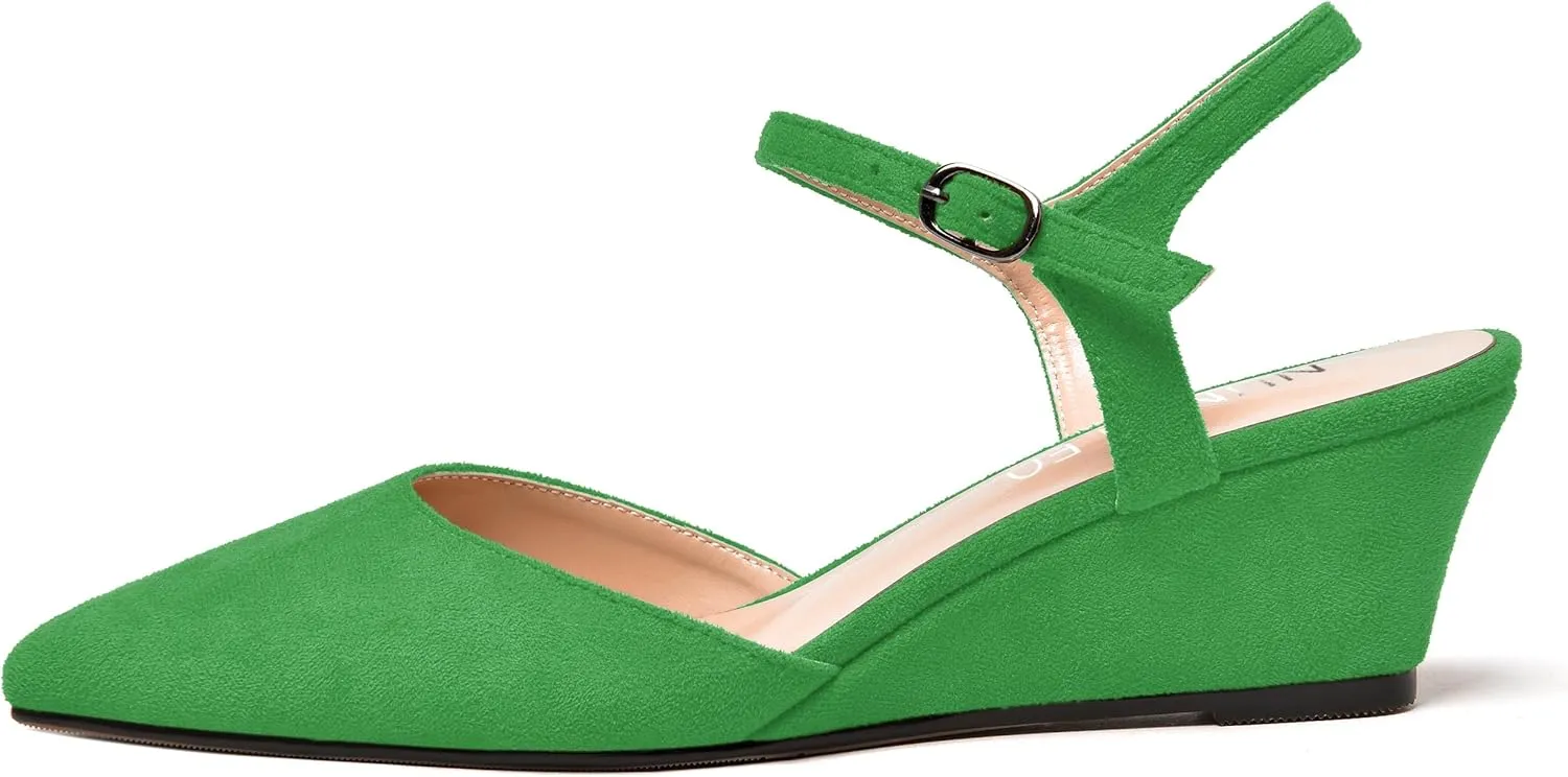 NUMALEO Womens Dress Dating Pointed Toe Suede Comfortable Buckle Ankle Strap Wedge Low Heel Pumps Shoes 2 Inch