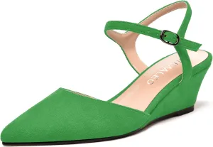 NUMALEO Womens Dress Dating Pointed Toe Suede Comfortable Buckle Ankle Strap Wedge Low Heel Pumps Shoes 2 Inch