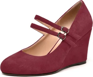 NUMALEO Womens Round Toe Suede Solid Buckle Ankle Strap Dress Business Wedge High Heel Pumps Shoes 3.3 Inch