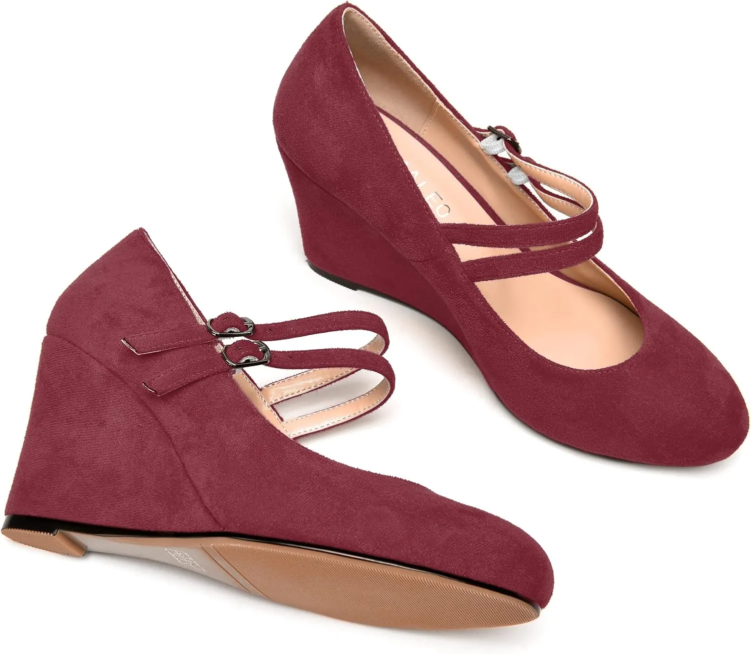 NUMALEO Womens Round Toe Suede Solid Buckle Ankle Strap Dress Business Wedge High Heel Pumps Shoes 3.3 Inch