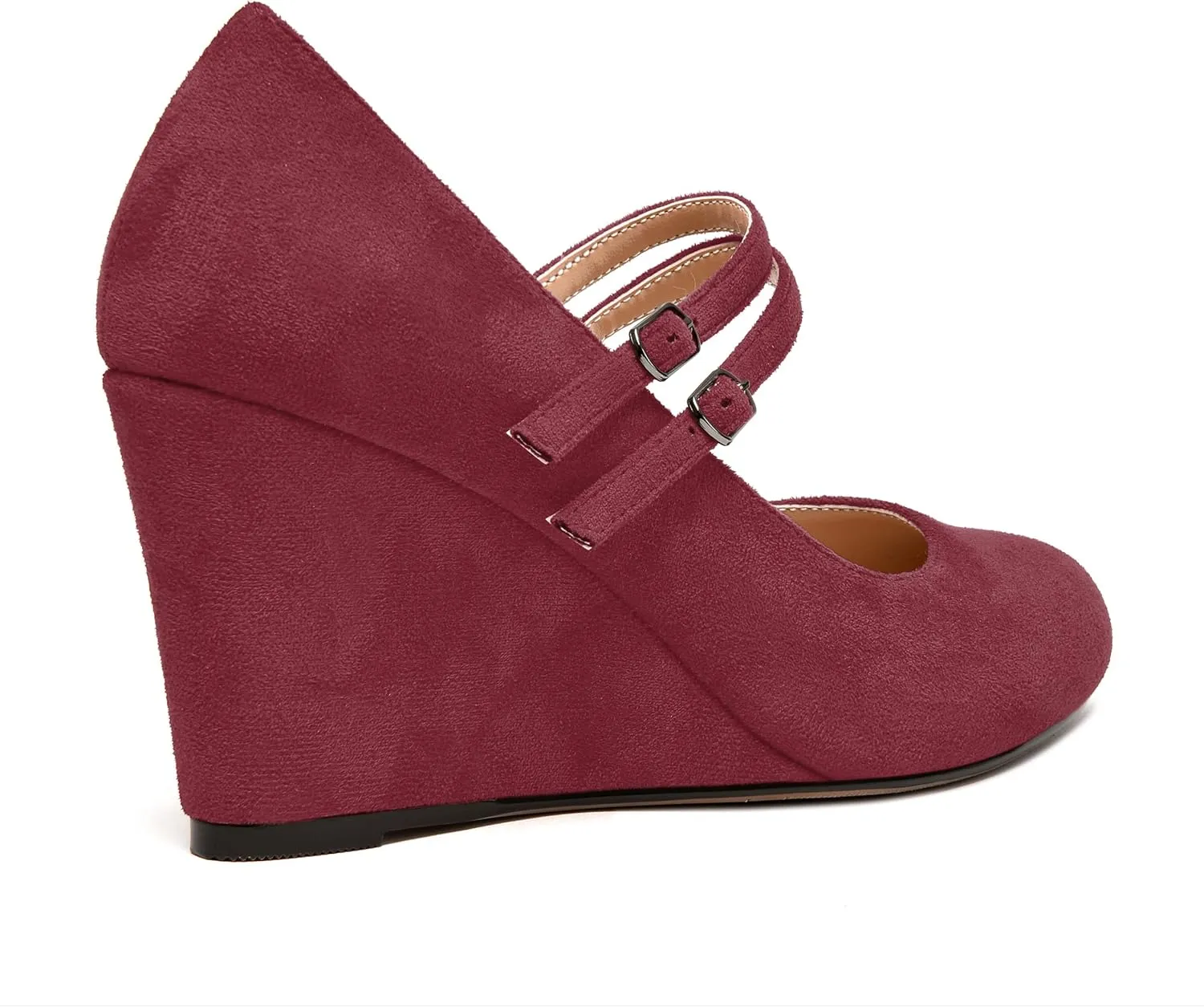 NUMALEO Womens Round Toe Suede Solid Buckle Ankle Strap Dress Business Wedge High Heel Pumps Shoes 3.3 Inch