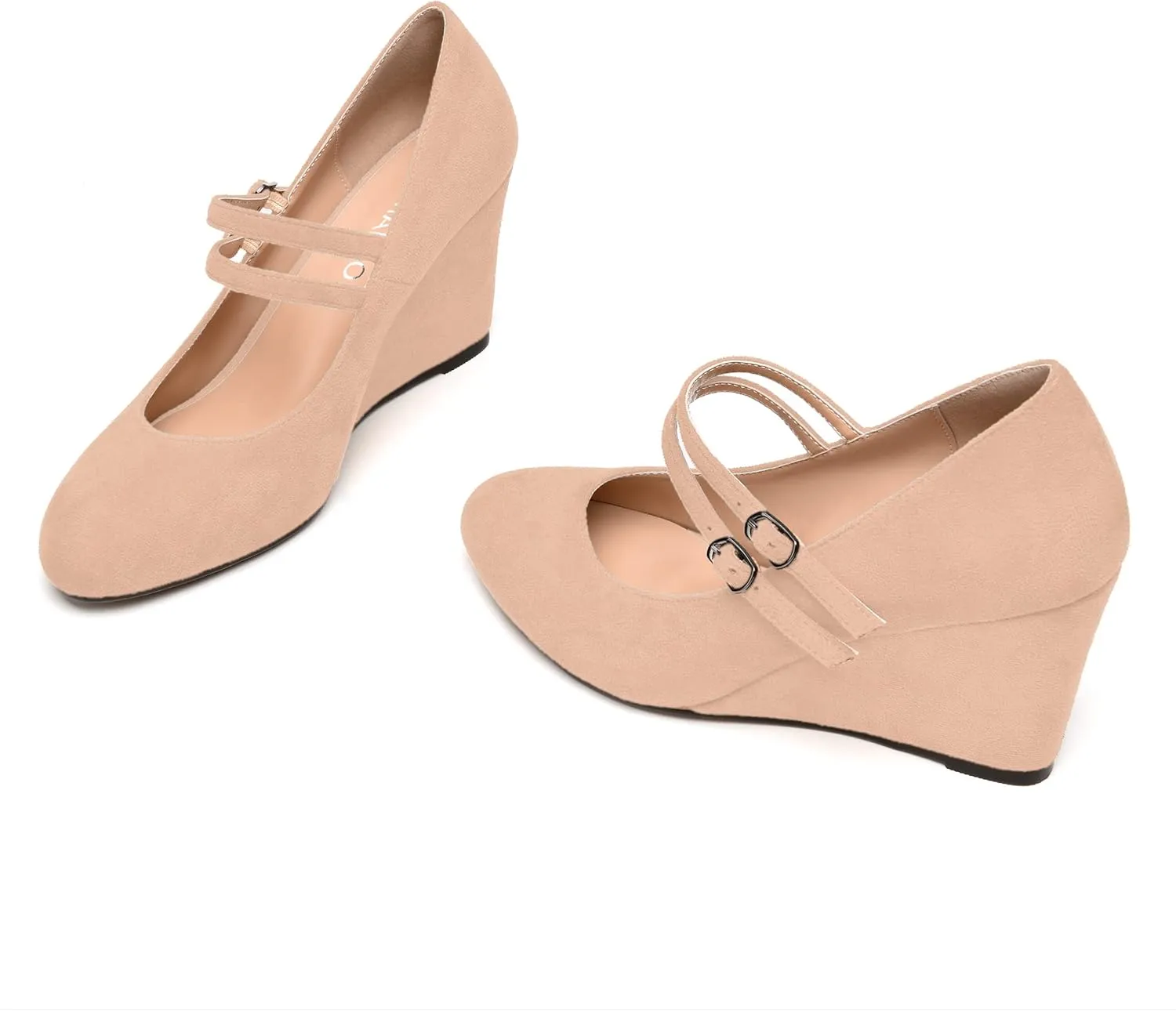 NUMALEO Womens Round Toe Suede Solid Buckle Ankle Strap Dress Business Wedge High Heel Pumps Shoes 3.3 Inch