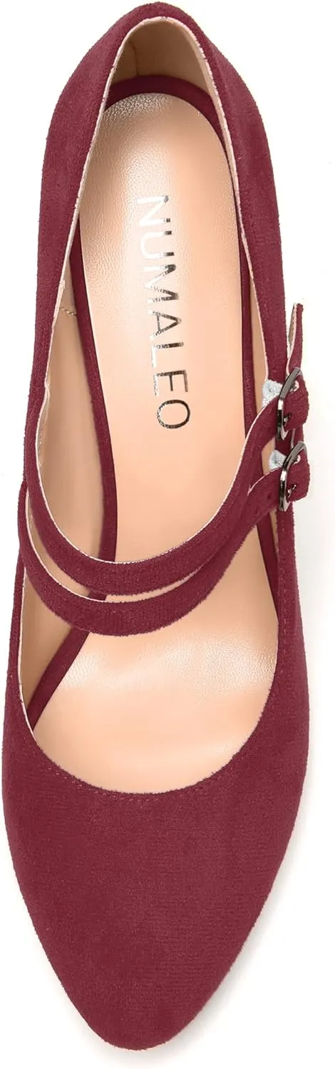 NUMALEO Womens Round Toe Suede Solid Buckle Ankle Strap Dress Business Wedge High Heel Pumps Shoes 3.3 Inch