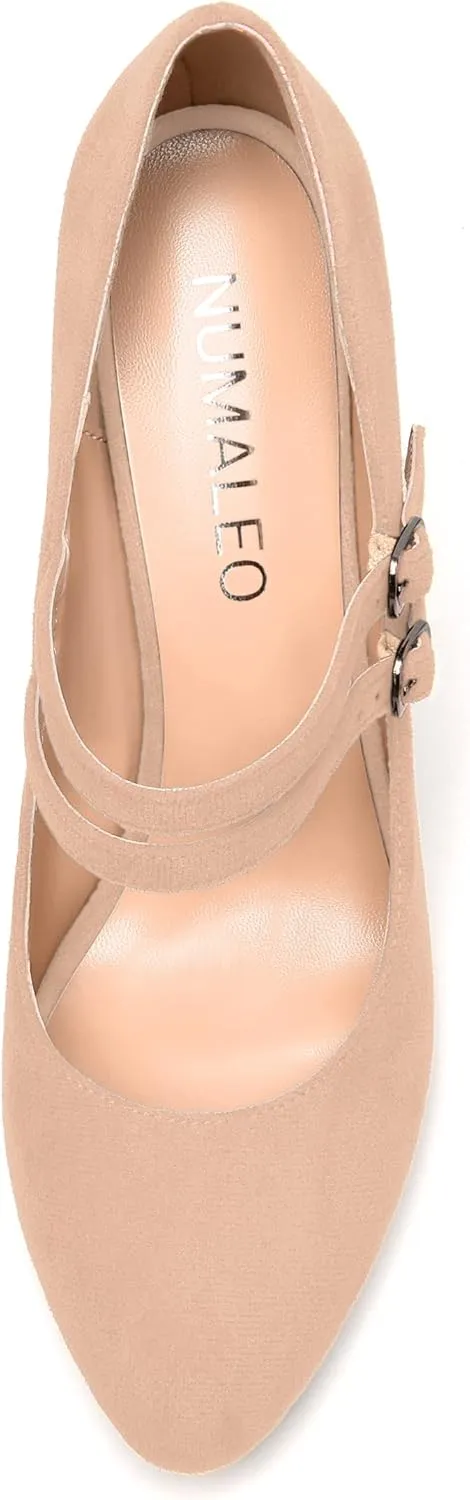 NUMALEO Womens Round Toe Suede Solid Buckle Ankle Strap Dress Business Wedge High Heel Pumps Shoes 3.3 Inch