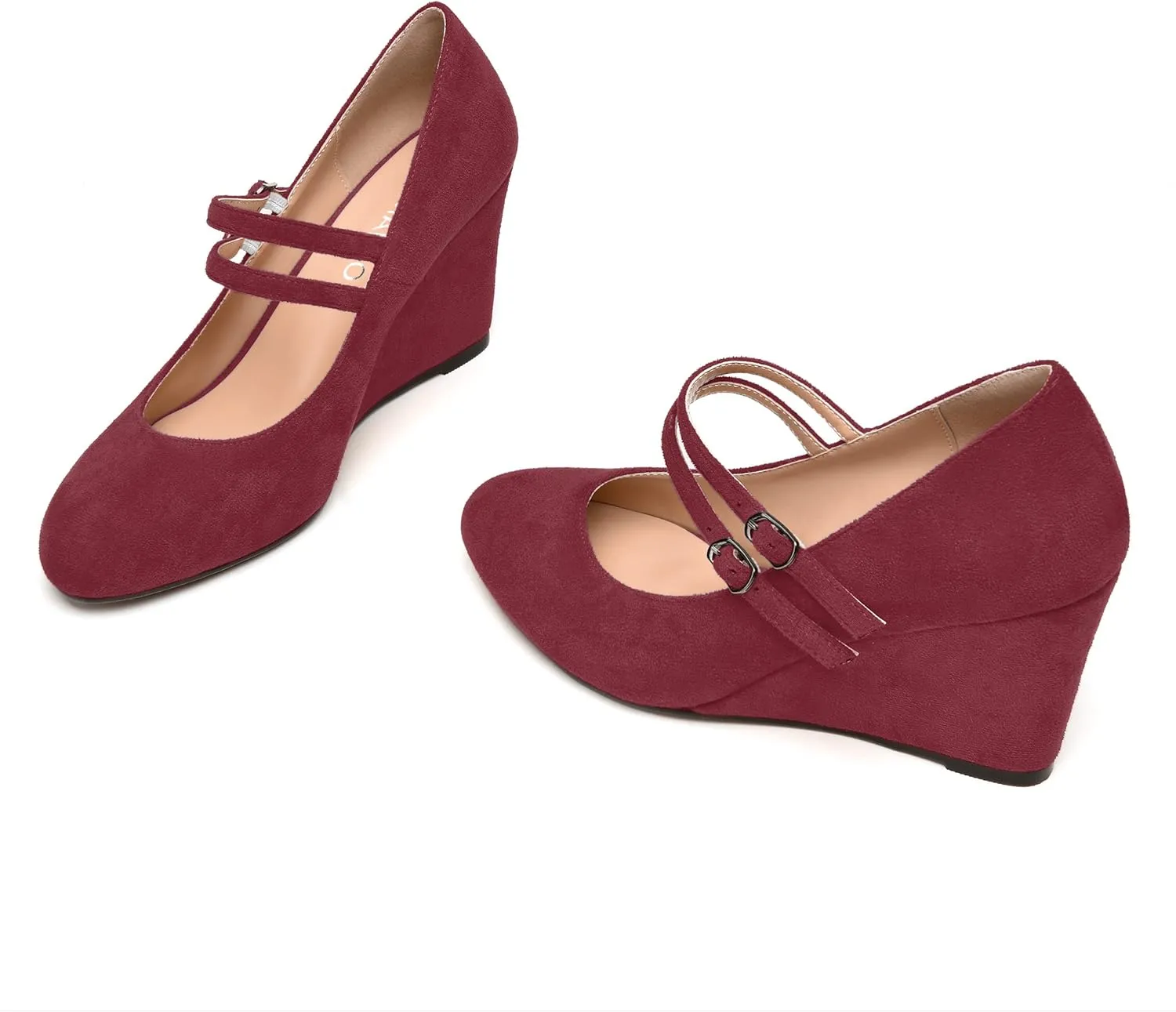 NUMALEO Womens Round Toe Suede Solid Buckle Ankle Strap Dress Business Wedge High Heel Pumps Shoes 3.3 Inch