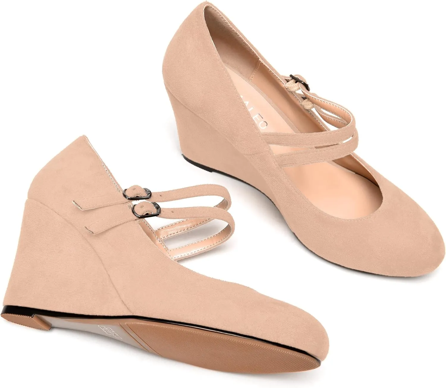 NUMALEO Womens Round Toe Suede Solid Buckle Ankle Strap Dress Business Wedge High Heel Pumps Shoes 3.3 Inch