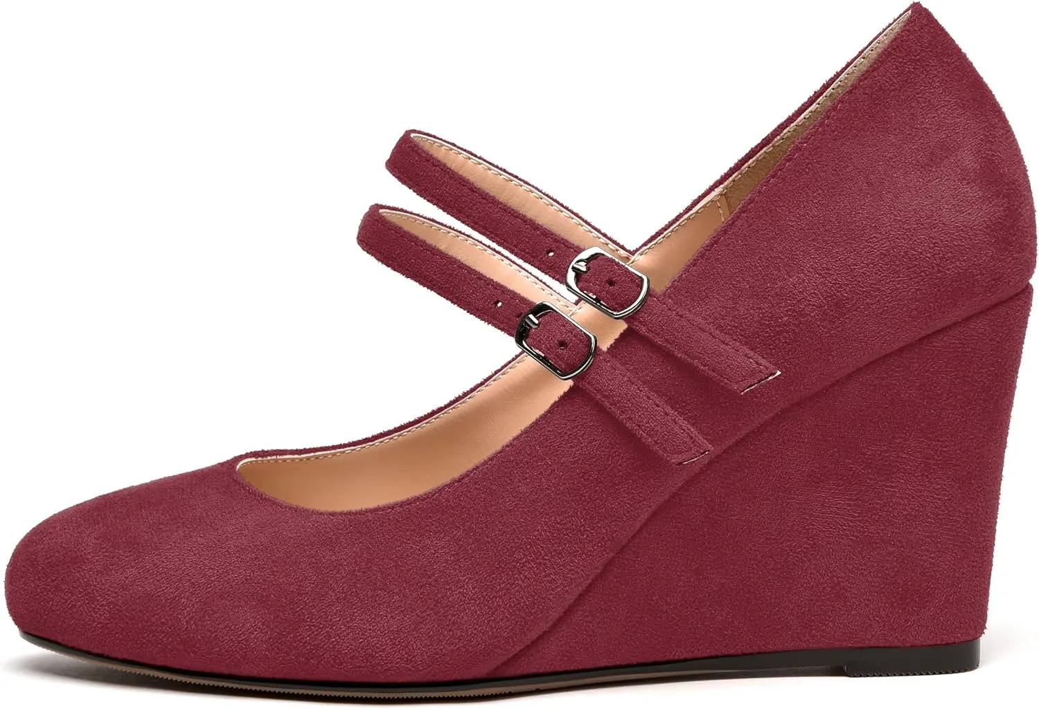 NUMALEO Womens Round Toe Suede Solid Buckle Ankle Strap Dress Business Wedge High Heel Pumps Shoes 3.3 Inch