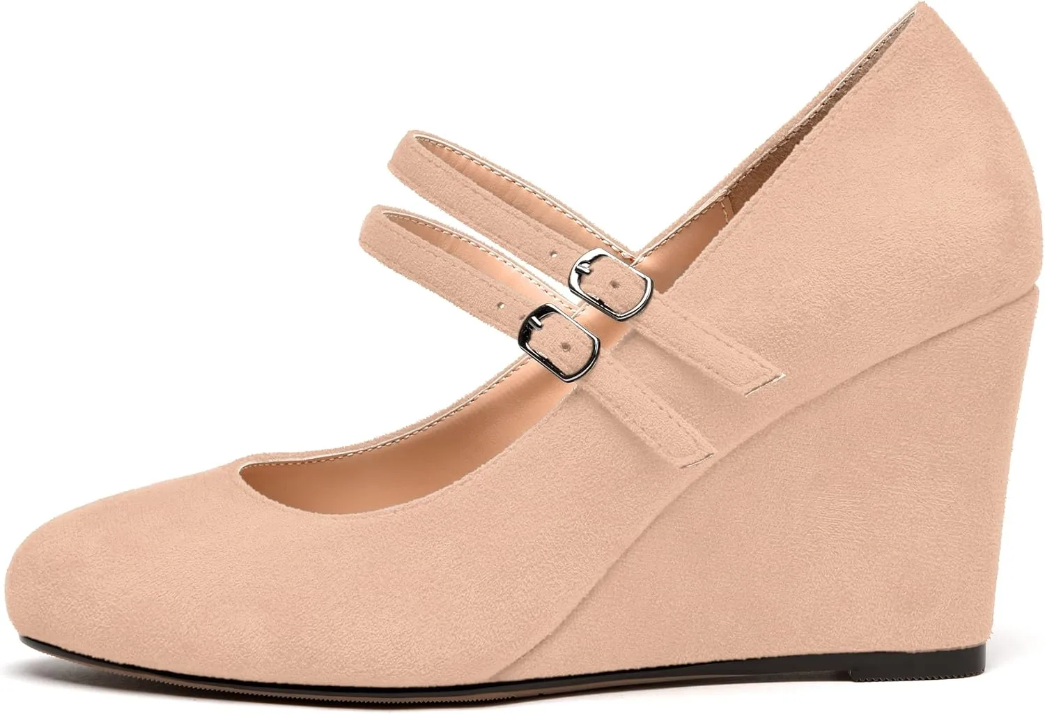 NUMALEO Womens Round Toe Suede Solid Buckle Ankle Strap Dress Business Wedge High Heel Pumps Shoes 3.3 Inch