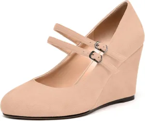 NUMALEO Womens Round Toe Suede Solid Buckle Ankle Strap Dress Business Wedge High Heel Pumps Shoes 3.3 Inch