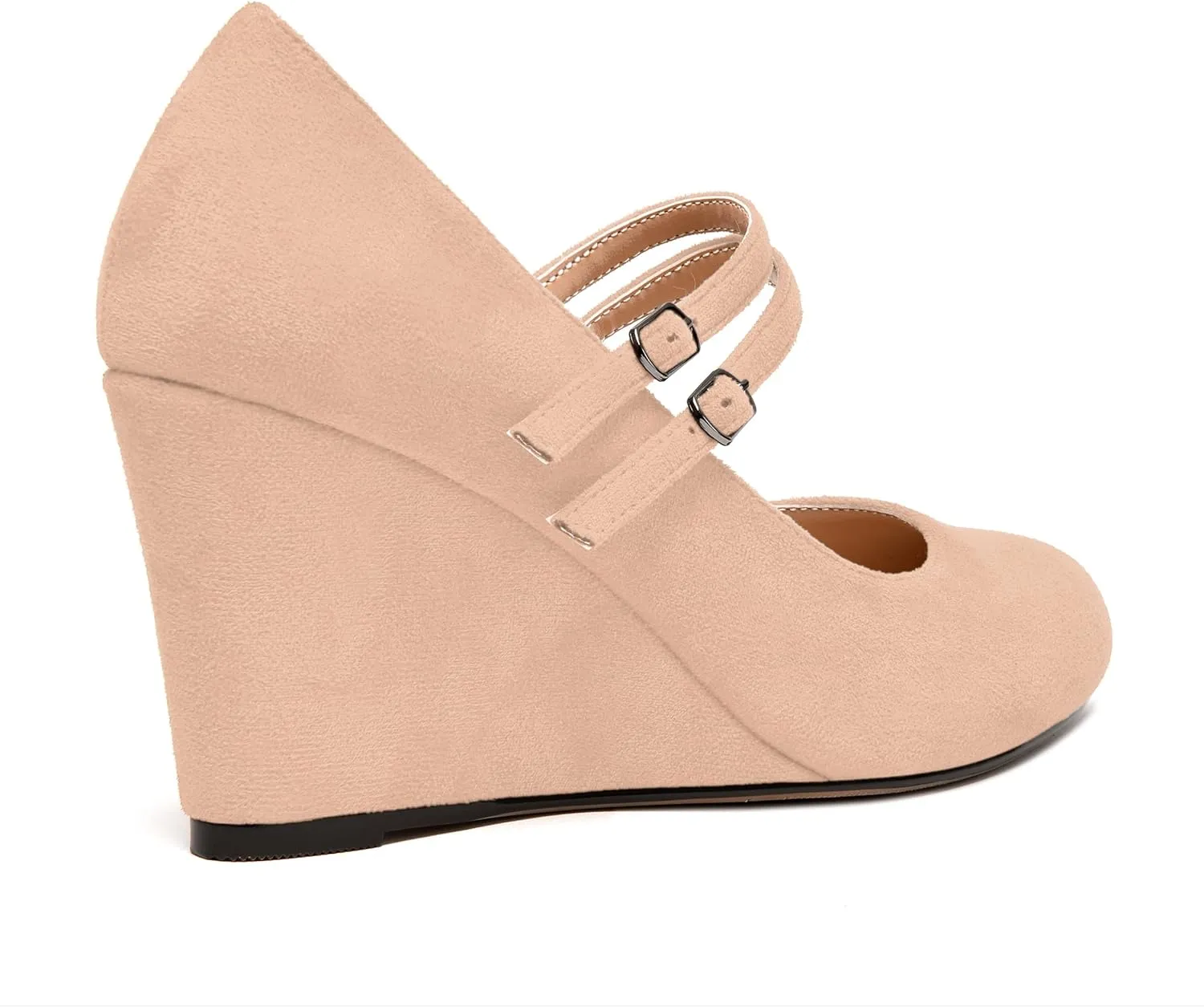 NUMALEO Womens Round Toe Suede Solid Buckle Ankle Strap Dress Business Wedge High Heel Pumps Shoes 3.3 Inch