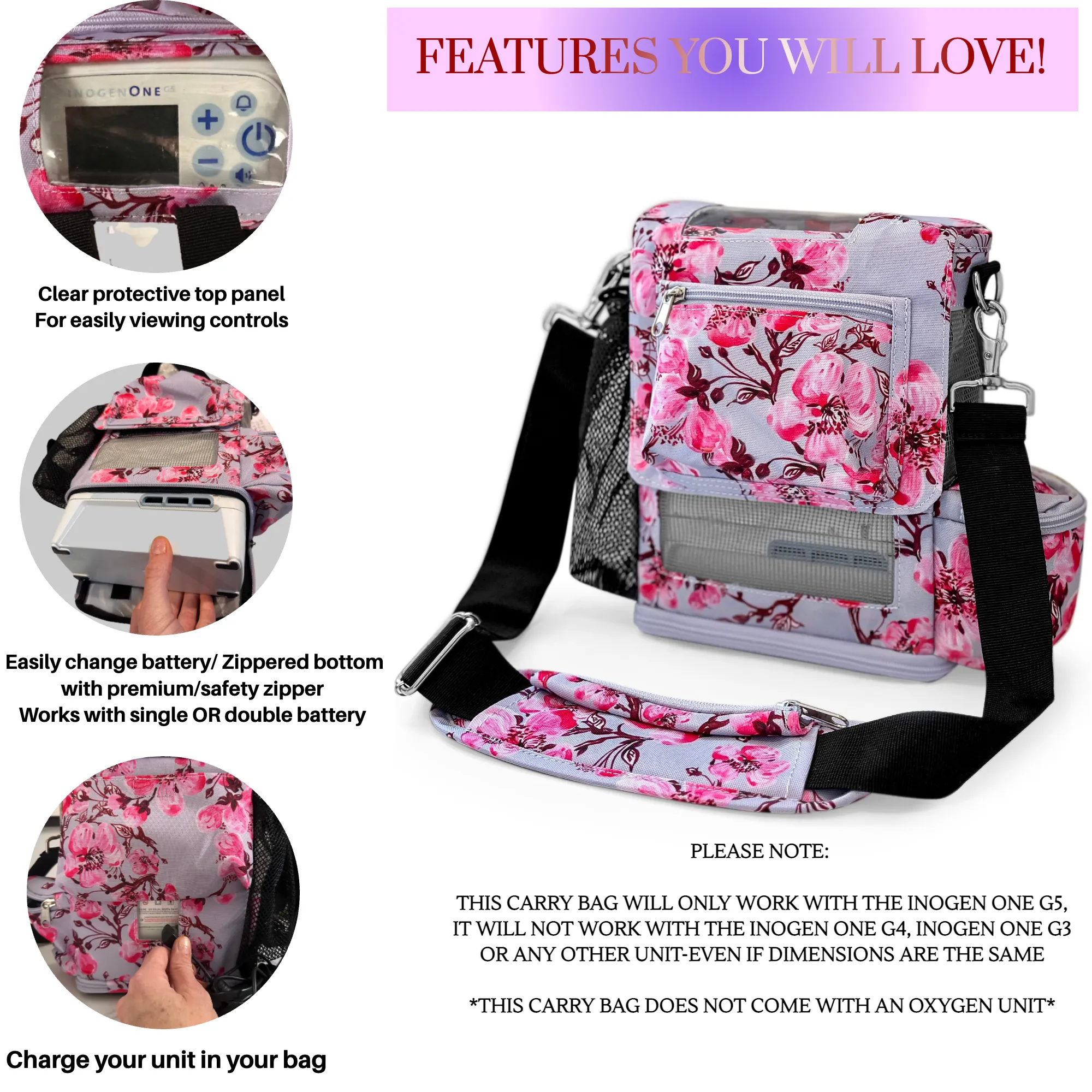 o2totes Inogen One G5 Carry Bag w/Pockets - Floral