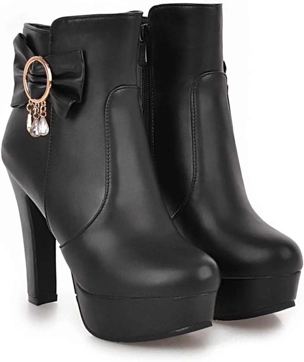 oiangi Women's High Heel Ankle Boots Platform Round Toe Bow Rhinestone Side Zipper Chunky Booties Winter Solid Waterproof Warm Outdoor Casual Shoes