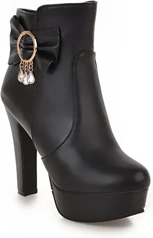 oiangi Women's High Heel Ankle Boots Platform Round Toe Bow Rhinestone Side Zipper Chunky Booties Winter Solid Waterproof Warm Outdoor Casual Shoes