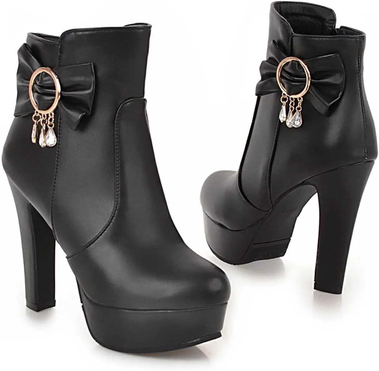 oiangi Women's High Heel Ankle Boots Platform Round Toe Bow Rhinestone Side Zipper Chunky Booties Winter Solid Waterproof Warm Outdoor Casual Shoes