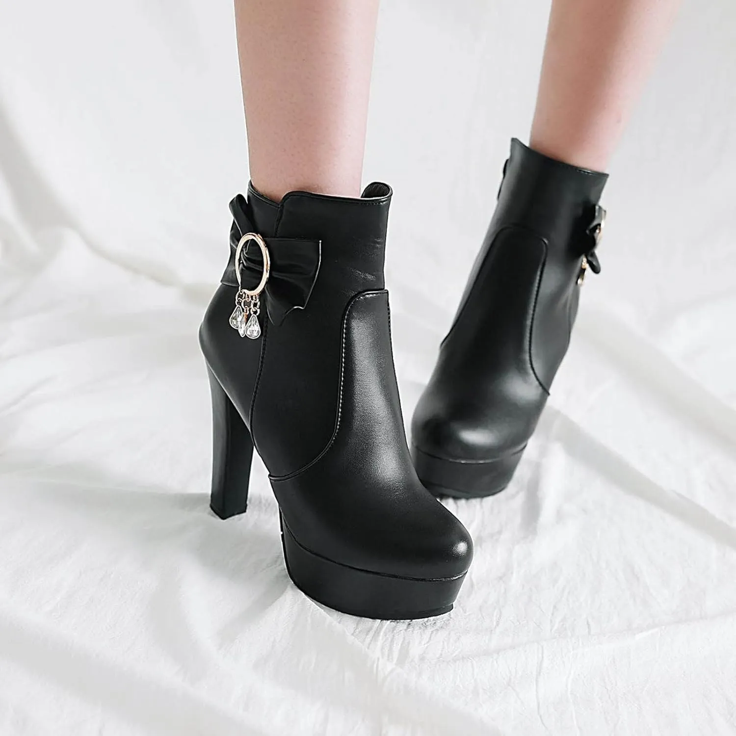 oiangi Women's High Heel Ankle Boots Platform Round Toe Bow Rhinestone Side Zipper Chunky Booties Winter Solid Waterproof Warm Outdoor Casual Shoes