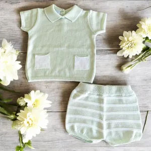 Olive & White Knitted Polo Short Set