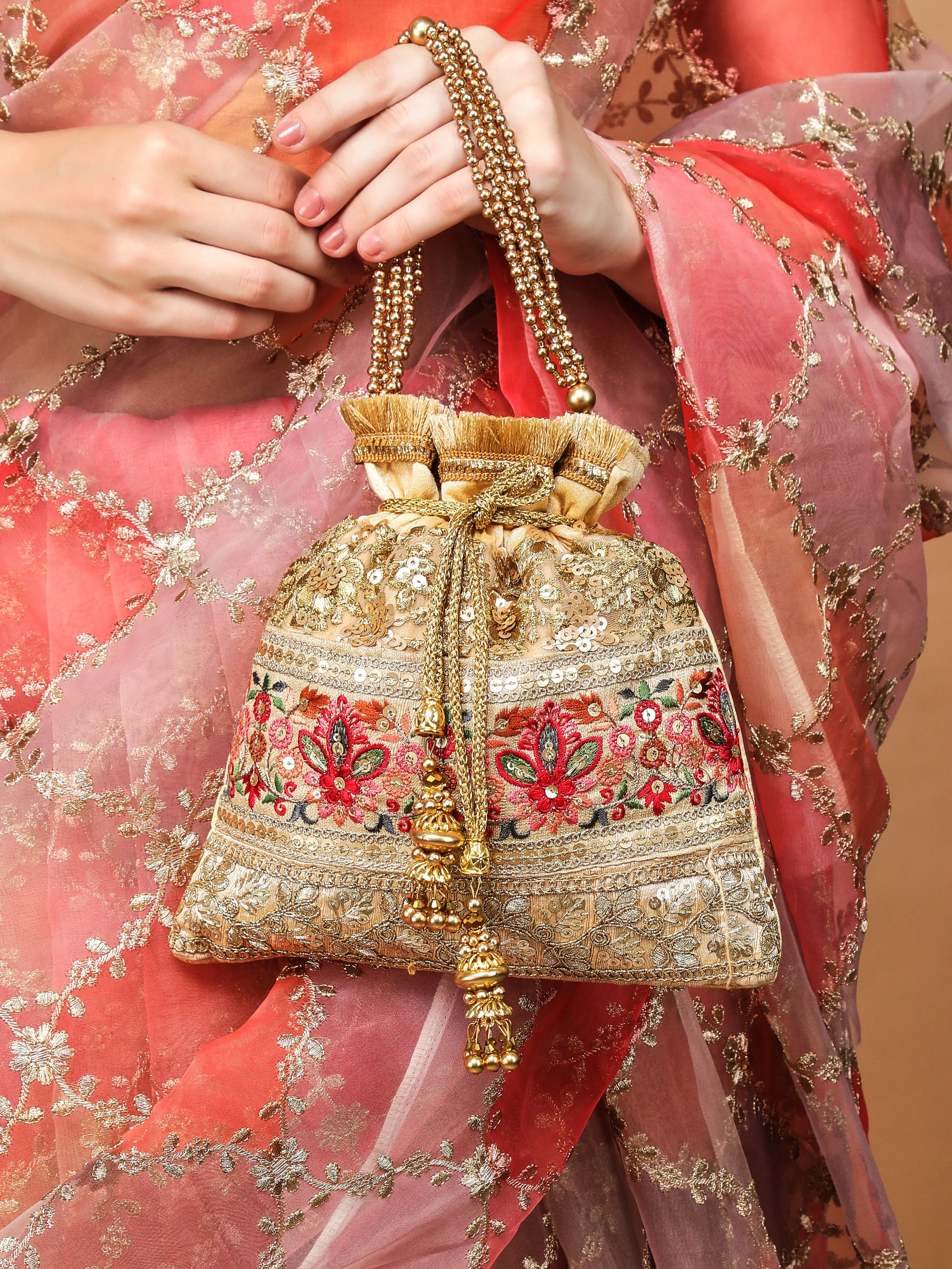 Rubans Gold Coloured Potli Bag With Multicoloured Embroidery