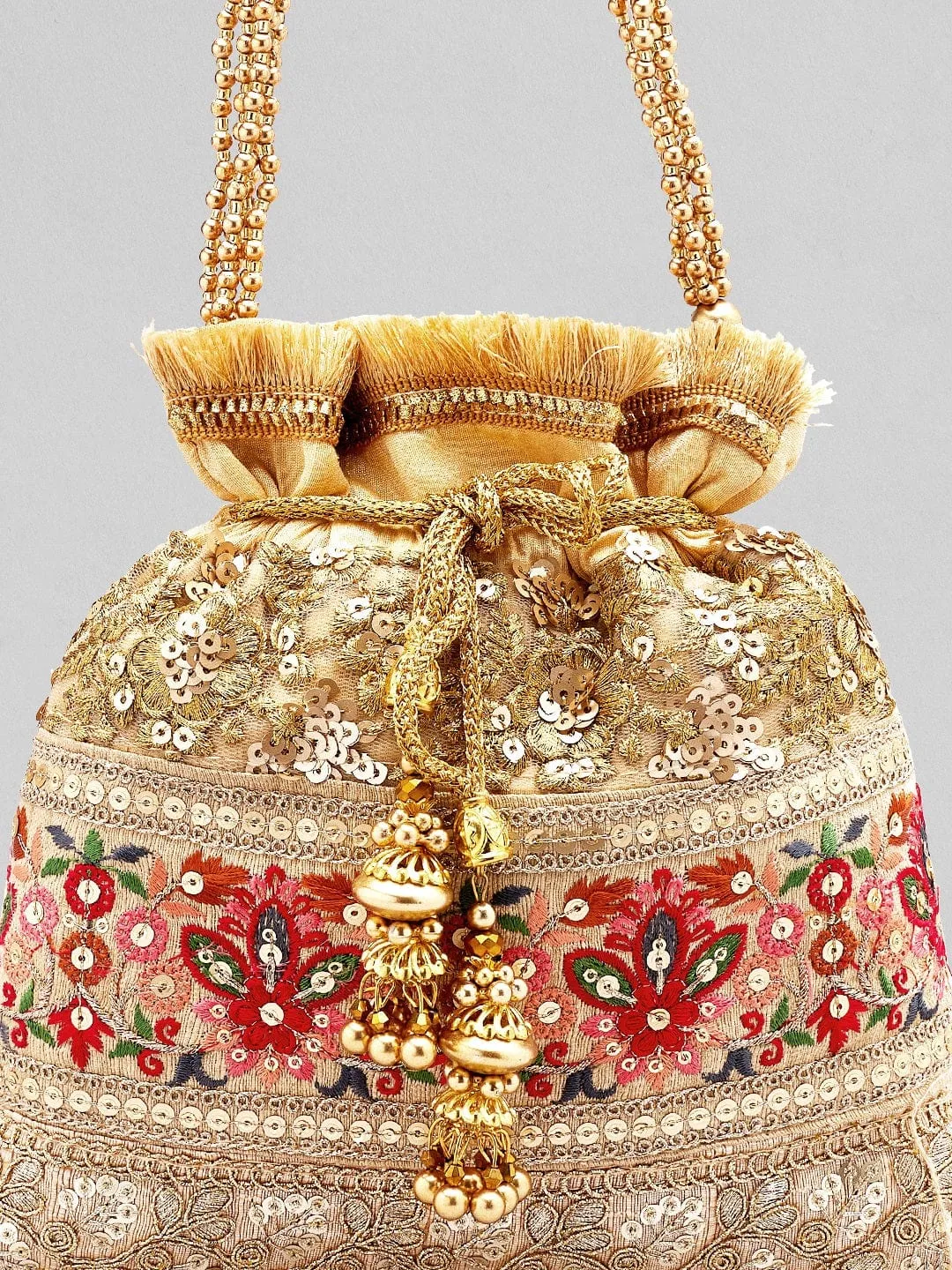 Rubans Gold Coloured Potli Bag With Multicoloured Embroidery