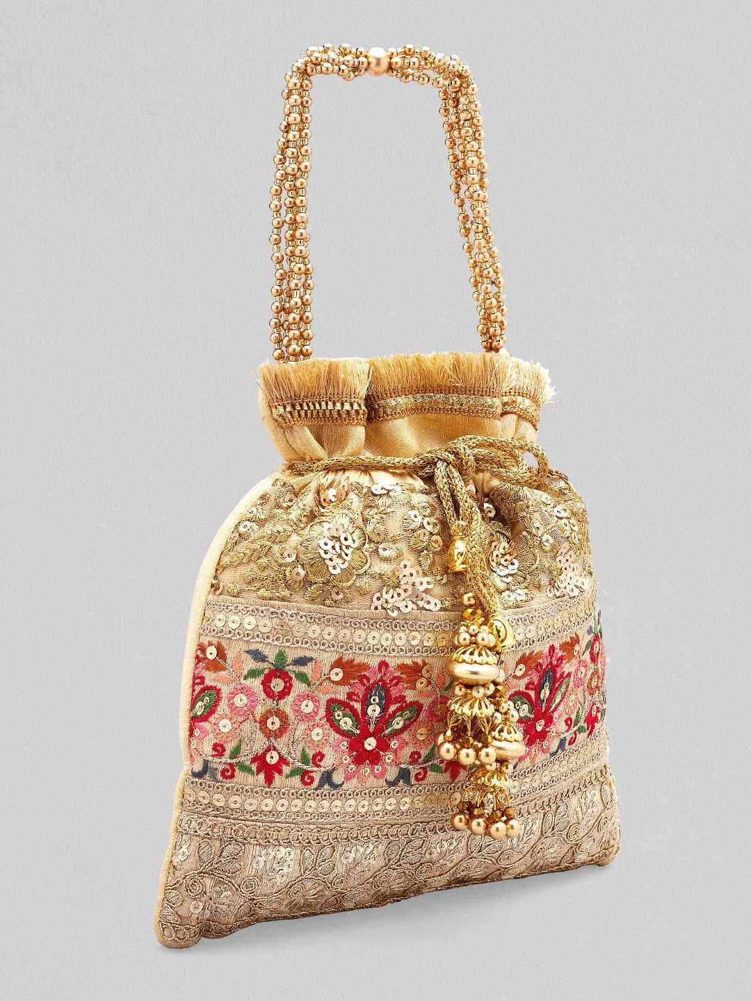 Rubans Gold Coloured Potli Bag With Multicoloured Embroidery