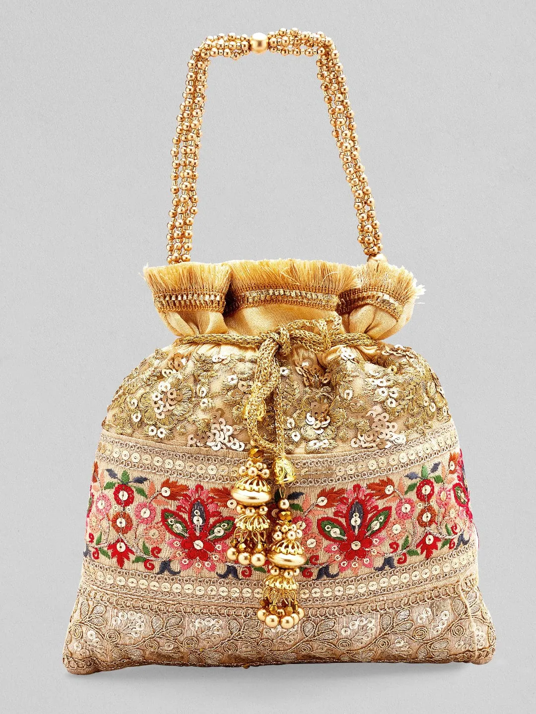 Rubans Gold Coloured Potli Bag With Multicoloured Embroidery