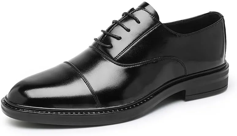 Shoes Dress Oxford for Men Lace Up Round Burnished Toe Vegan Leather Cap Toe Block Heel Slip Resistant Rubber Sole Business