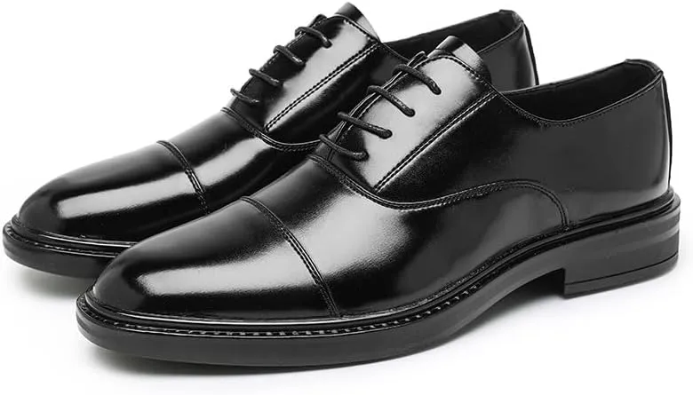 Shoes Dress Oxford for Men Lace Up Round Burnished Toe Vegan Leather Cap Toe Block Heel Slip Resistant Rubber Sole Business