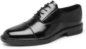 Shoes Dress Oxford for Men Lace Up Round Burnished Toe Vegan Leather Cap Toe Block Heel Slip Resistant Rubber Sole Business