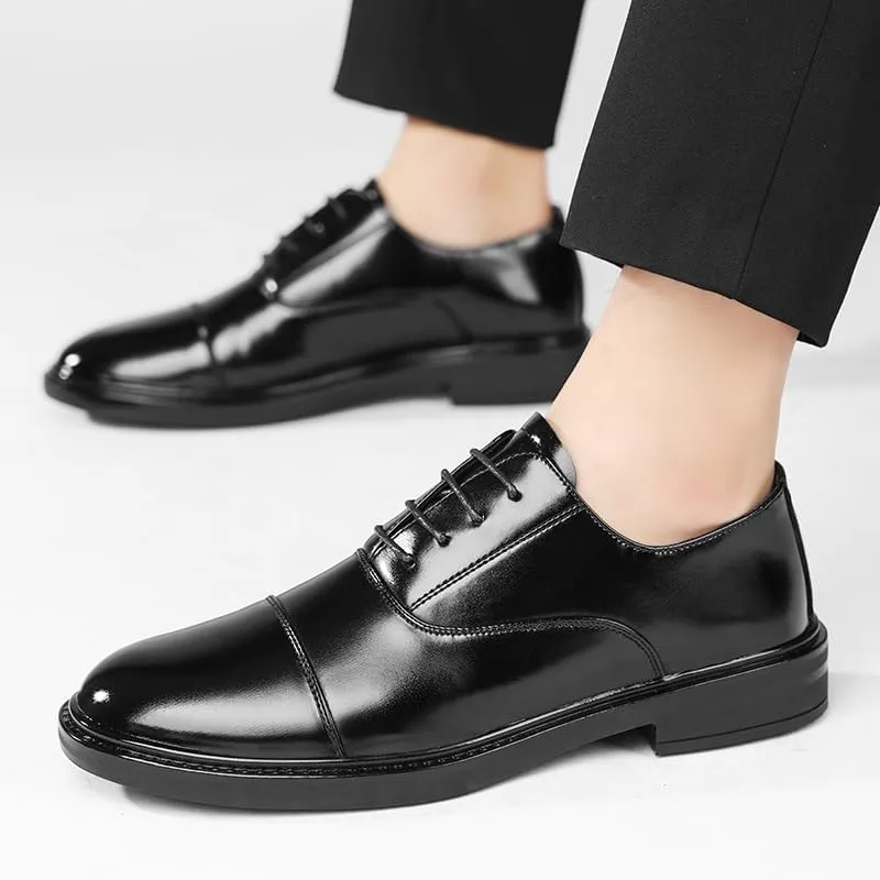 Shoes Dress Oxford for Men Lace Up Round Burnished Toe Vegan Leather Cap Toe Block Heel Slip Resistant Rubber Sole Business